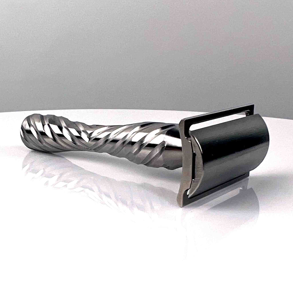 Chiseled Face Titanium Legacy Razor Raw Finish, Herringbone Handle