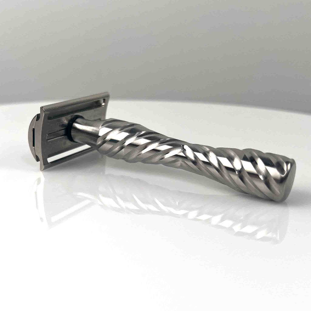 Chiseled Face Titanium Legacy Razor Raw Finish, Herringbone Handle